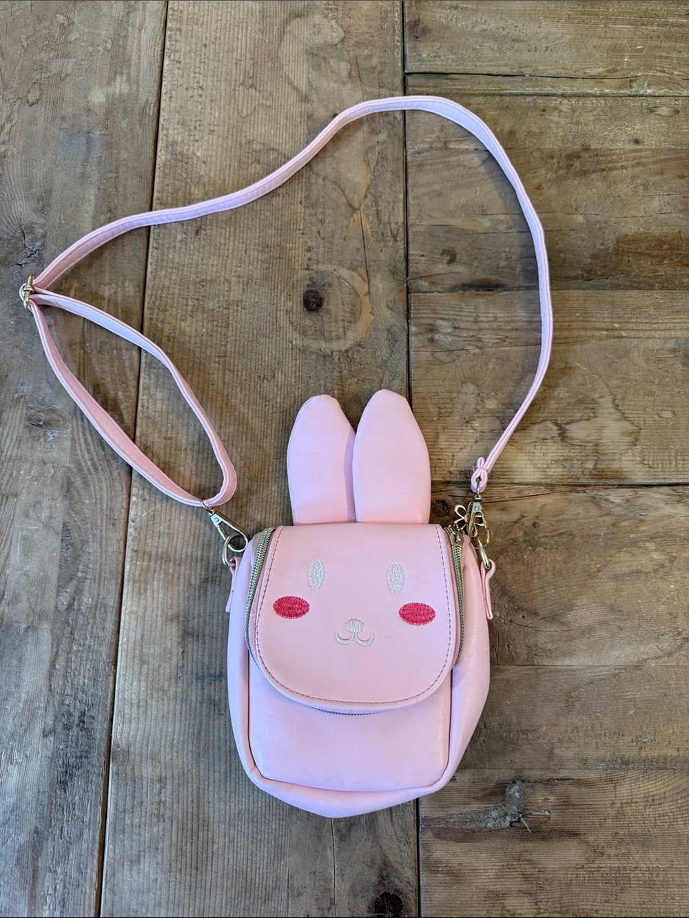 Pink Bunny Kids Shoulder Bag with Cute Embroidered Face